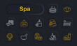 © Anastasia - Spa set icon. Sauna, lotus, calendar, sign, candle, stones, bed, mirror, bowl, robe, oil, cream, wellness, relaxation, treatment, beauty, care, salon, harmony, luxury