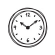 © nupixel - Cute hand-drawn wall clock doodle illustration in black and white line art style. Ideal for time management concepts, daily schedules, and minimalist designs.