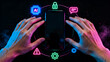 © Arto Genix - Hands reaching for a smartphone surrounded by glowing digital security and AI icons with artificial intelligence smartphone technology security cybersecurity protection internet connection