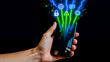 © Arto Genix - Hand holding smartphone emitting digital streams of data and security icons with artificial intelligence technology smartphone security connection information communication futuristic transfer