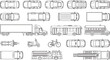 © PrimePixel Co - Top view vehicles floor plan vector set. Thin line transportation icons of cars, trucks, buses, motorcycles and bicycles for urban planning, traffic maps and CAD blueprint design