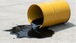 © mihrzn - A yellow barrel tipped over on concrete, spilling dark viscous oil, symbolizing environmental pollution and hazardous waste.
