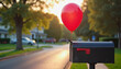 © Aleksey - Red balloon attached to mailbox at sunset in suburban neighborhood