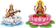 © MbBasir - Hindu Goddess Icon Set with Saraswati Playing Veena and Lakshmi with Lotus for Spiritual, Cultural, and Religious Design