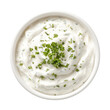 © imwarehouse - Sour cream and onion dipping sauce in a small white bowl, flat lay view, isolated background, food concept, minimal style, high resolution