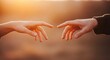 © kurni90 - A tender moment as two human hands reach out, fingertips nearly touching, bathed in the warm, golden light of sunset, symbolizing profound connection, unity, and empathetic human interaction