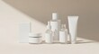 © Iwan - Minimalist skincare product line with clean, white packaging on a neutral background with natural light