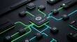 © Masque - 3D rendering of an AI workflow automation software interface with nodes and triggers.