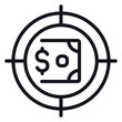 © Sobia - Financial targeting vector icon: A black minimalist illustration of a dollar bill inside a target crosshair, representing investment goals, profit focus, and strategic financial planning.