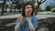 © Krakenimages.com - Woman nurse in blue scrubs adjusts stethoscope and touches chin in front of sunlit building; serenity.