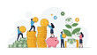 © Soriful - Corporate business team working together to manage money using stacks of coins, a piggy bank, green cash plants, and envelopes of dollars.