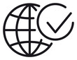 © Shahbaz - Black line vector icon illustration of a globe with a checkmark symbol, representing global verification, international standards, world approval, global success, and environmental certification.