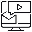 © Shahbaz - Black line vector icon illustration of a computer monitor displaying an email envelope and a video play button speech bubble, representing digital communication and multimedia messaging.