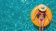 © Mr. Bolota - Woman in a Red Bikini Relaxing on an Inflatable Ring in Crystal Clear Turquoise Ocean Water During a Peaceful Summer Vacation.