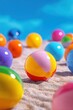© Rufino - Bright beach balls rest on soft sand under blue sky