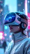 © hikama - Woman wearing VR headset in a snowy urban environment with neon light bokeh background
