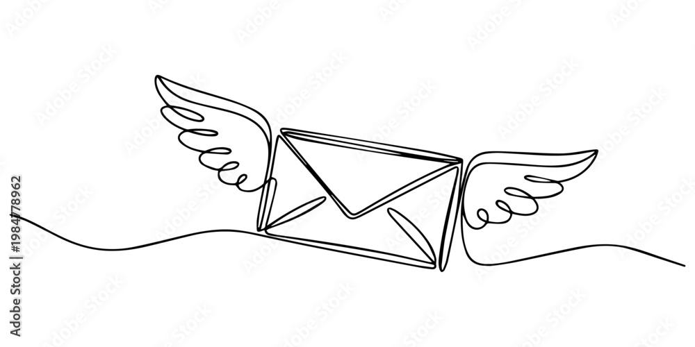 Flying Envelope Delivering Love: Romantic Letter with Wings in One Line ...