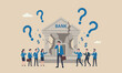 © kadir - Banking bankruptcy teams together failure investment failure concept, frustrated businessman look at collapsing bank building