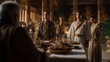 © Gayane - A composed biblical scene of Daniel calmly addressing a chief official in a richly appointed palace chamber, while his companions stand nearby and a table of royal food highlights the moment of convic