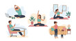 © Brandon - Various scenes of people doing fitness activities at home including yoga, stretching, and mindful meditation for a healthy lifestyle.