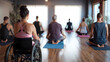 © jbstocks - Back view of a diverse yoga class with a wheelchair user in a bright studio, Generative AI illustrations.