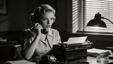 A nostalgic black and white photo of a woman in a classic office setting, engaged in a phone conversation beside a typewriter and papers.