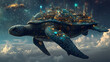 © Mamuns_creative - Sky Turtle City: A fantastic turtle-shaped vessel soaring through space, carrying a bustling metropolis on its back. The image captures the wonder and creativity of an imaginative.