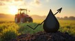 © Alex Pios - Black oil drop with rising arrow symbolizing fuel price increase, with agricultural tractor working in farm background. Concept of rising costs impacting farming and economy