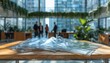© Justlight - Office atrium environment showing medium shot of clear supplemental coverage flyers on a table with blurred windows plants and coworkers in soft focus behind.
