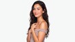 © Vasiliy - Smiling young woman with long wavy hair on white background. Female portrait with natural makeup and off-shoulder top