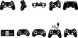 © Insa Batool - Detaillierte Sammlung von Videospiel-Controllern in verschiedenen Formen und Designs als schwarze Silhouetten.