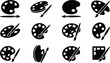 © Insa Batool - Sammlung von zwölf schwarzen Silhouetten-Icons, die Künstlerpaletten und Pinsel in verschiedenen Formen darstellen.
