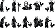 © Insa Batool - Schwarz-Weiß-Illustrationen eines Philosophen in Toga, der in verschiedenen Szenen mit einem Hahn interagiert und ihn präsentiert.