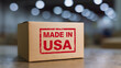 © A2Z AI  - Cardboard Box with Red Stamp Indicating Domestic Production and Origin, Placed on a Surface in an Industrial or Warehouse Setting with Bokeh Lights