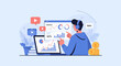 © Syamil Studio - A young man wearing headphones analyzes data and charts on a laptop and computer screen, surrounded by financial icons and graphs, representing business analytics and digital marketing.