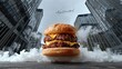 © Nataliia_Trushchenko - Gourmet cheeseburger with two beef patties and melted cheese, set against a backdrop of modern skyscrapers and a helicopter in the sky
