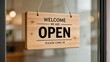 © Prime - Wooden open sign hanging on glass doorwelcoming customers to enter shopsmall business retail conceptstorefront entrance with please come in messageinterior blurred background