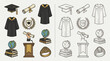 © renender - Collection of graduation-themed icons including academic regalia, diplomas, globes, books, podiums, and rings, presented in both color and outline versions.
