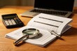 © xinxia - Close-up of office desk with financial documents, calculator, magnifying glass, pen, and laptop, symbolizing business and accounting work.