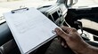 © Seasonal Mood - Logistic Driver Manifest On Clipboard Inside Truck Cab