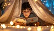 © 和田良一 - Child reading book under blanket fort with flashlight cozy bedtime imagination