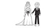 © Md - Wedding couple line drawing of bride and groom holding hands in attire.