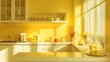 © HyunYoung Choi - Modern Kitchen with Warm Yellow Backlight, Sunlight, Countertop, and Shelves for Cooking