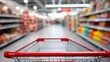 © The Little Hut - POV of shopping cart moving through brightly lit supermarket aisle with shelves stocked with products