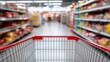 © The Little Hut - Perspective from a shopping cart in a bright, modern supermarket aisle filled with colorful products