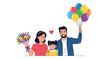 © Mst - Cheerful family of three including a father with balloons and a mother with a bouquet of flowers celebrating together.