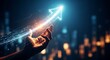 © Unique Icons - Futuristic technology concept a hand reaching towards a glowing digital arrow in a cityscape