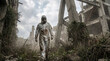 © Andrey - Person in a radiation hazmat suit exploring an abandoned industrial site, surrounded by overgrown vegetation and crumbling concrete structures under a cloudy sky