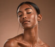 © peopleimages.com - Cosmetics, thinking and skincare with woman in studio for beauty, dermatology and shine. Glow, self care and aesthetic with person on brown background for spa treatment, grooming and natural makeup