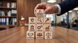 © FAHEEM - A hand in a business suit placing a block labeled corporate governance on top of a stack of blocks representing compliance, transparency, and accountability in a modern office setting.